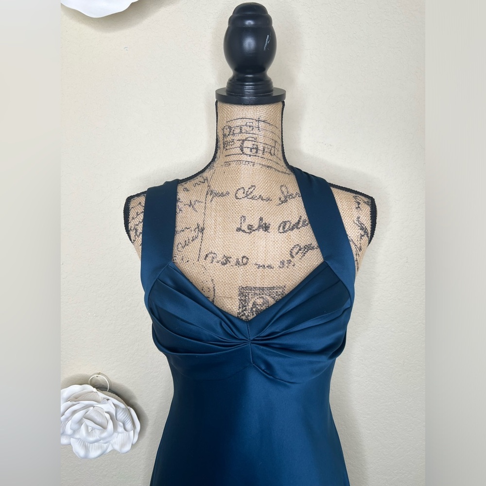 Calvin Klein Dark Ocean Blue/Green Satin Halter Formal Gown with Train Sz 10 - Picture 4 of 13